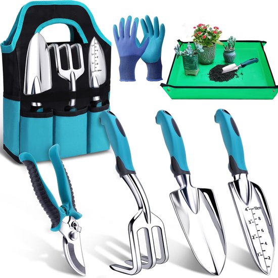 ANMI® 7-delige Tuingereedschapset - Met Tuintas Handschoenen en Verpotmat - Aluminium Handgereedschap voor Tuinieren - Roestbestendig - Cadeau voor Vrouwen en Mannen van Merkloos	
