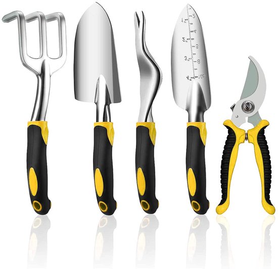 ANMI® Tuingereedschap Set 5-delig - Snoeischaar Schepje Verplantschep Handhark Onkruidsteker - Gegoten Aluminium Kop - Ergonomische Handgreep - Met Handschoenen - Geel van Merkloos	