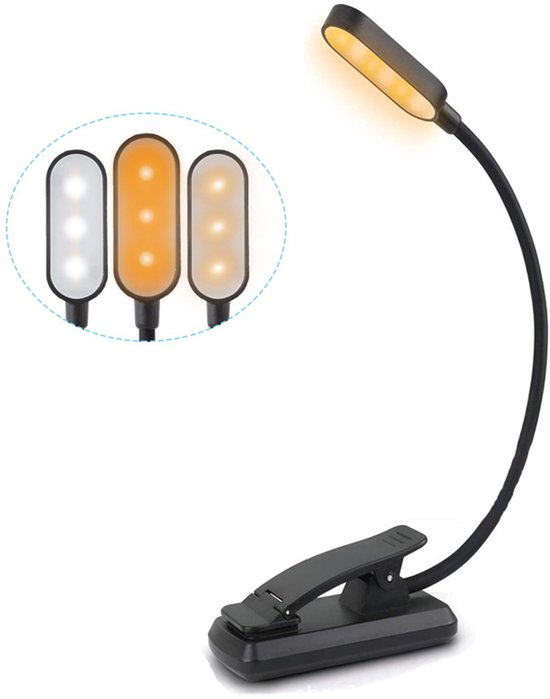 Anti-blauw licht oogbescherming boeklamp, 9 LED 3-kleuren verlichting met instelbare helderheid, USB oplaadbare leeslamp, 1000 mAh batterijcapaciteit leeslamp, mini ultralichte draagbare clip-on leeslamp van Merkloos