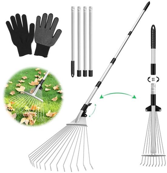 Anyingkai Tuinhark met handgreep, tuinhark met handschoenen, hark voor bladeren van staal, verstelbaar, hark met handvat, hark voor het reinigen van planten, gazon en binnenplaatsen