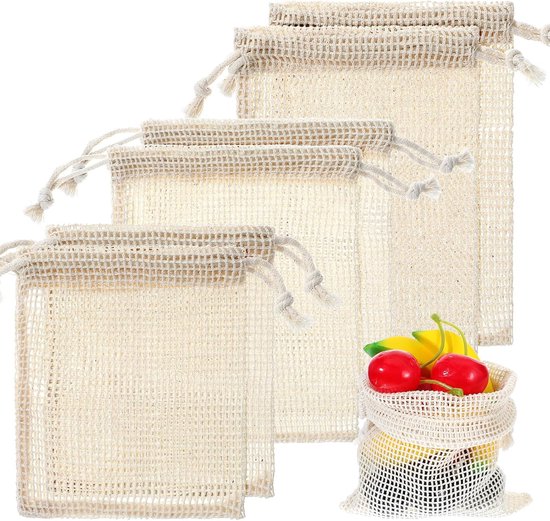 AOUZO 6 Pack Cotton Net Shopping Bags, 3 Sizes, Reusable Vegetable Bags with Drawstring Fruit Bag Food Storage Bag for Vegetables, Fruits and Groceries, Khaki, Grocery Bags, khaki, Grocery Bags van Merkloos	