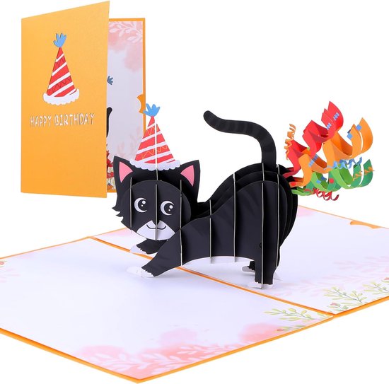 AOUZO Pop up Card Birthday, Funny 3D Birthday Card Cat Happy Birthday Unique and Creative Card Cat Pop Up Card for Girls Boys Cat Lovers Birthday Card (Yellow) van Merkloos	