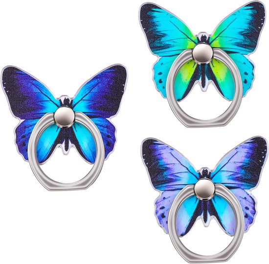 AOZUO 3 Pcs Mobile Phone Ring Stand, Cute Butterfly Painted Pattern, Metal Finger Stand, 360 Degree Rotation, Ring Holder Grip with Button Loop Compatible with All Smartphones, van Merkloos	