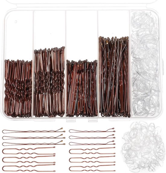 AOZUO 300 Pcs Bobby Pins Kit - 100 Brown, 100 Hair Pins for Women, 100 Clear Elastic Hair Bands, U-Shaped Pins for Buns with Storage Box 5cm/6cm/7cm van AOZUO