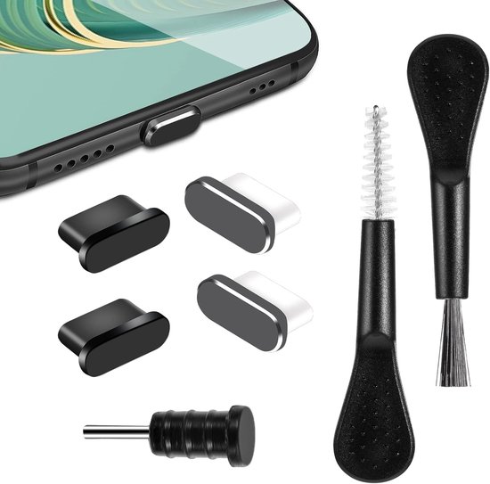 AOZUO 4 pieces USB C dust protection with 1 piece headphone jack, 2 pcs brushes, USB C protection set, USB C cover, mobile phone accessories, charging socket protection, USB C protective cover van Merkloos	