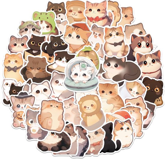 AOZUO 50pcs Cute Cat Stickers, Cartoon Kawaii Kitten Stickers Waterproof Vinyl Cat Stickers Gift for Diary Laptop Scrapbook Water Bottles Phone Caps Luggage van AOZUO