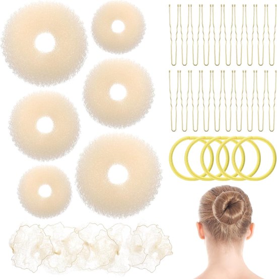 AOZUO Donut Hair Maker Set, 6 Donut Makers, 5 Invisible Nets, 5 Pompoms, 20 U-Shaped Clips for Children, Girls and Women van AOZUO
