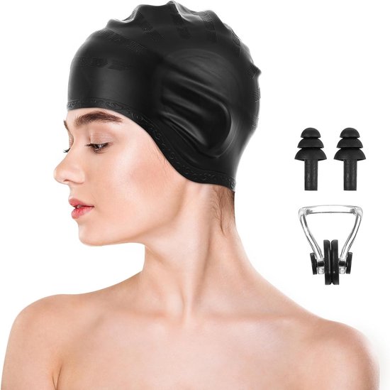 AOZUO Long Hair Silicone Swimming Cap for Women and Men, 3D Hearing Protection Design Silicone Elastic and Comfortable Swimming Cap with Earplugs and Nose Clip van Merkloos	