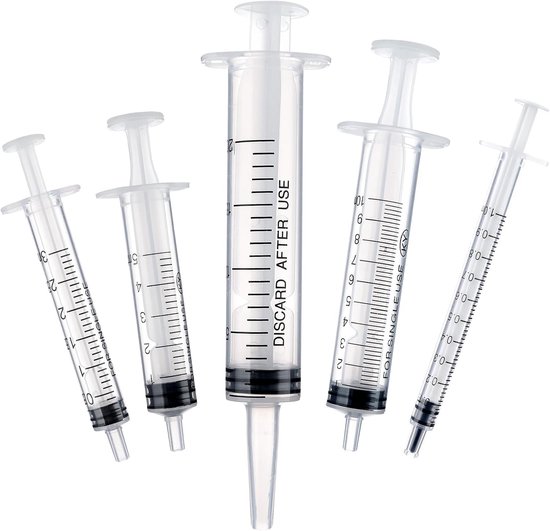 AOZUO Pack of 5 Plastic Syringes, 5 ml, 1 ml, 2 ml, 5 ml, 10 ml, 20 ml, Plastic Syringe, Without Needle, Measuring Syringe, Reusable, for Scientific Laboratory van AOZUO