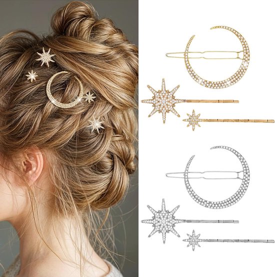 AOZUO Pack of 6 Star Metal Hair Clips Accessories, Ladies Star Moon Hair Accessories with Rhinestones, Hairpins for Bridal and Weddings, Hair Accessories for Women and Girls(Gold + Silver) van AOZUO