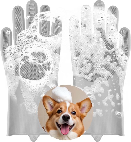 AOZUO Pet Grooming Gloves, Dog Cat Washing Gloves, Silicone Heat Resistant Pet Bath Gloves for Massaging, Scrubbing and Hair Removal (Grey) van Merkloos	