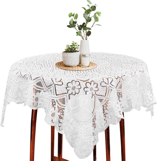 AOZUO Square Lace Tablecloth 90x90cm French Decorative Lace Tablecloth Floral Pattern Small Table Cloth Tablecloth for Dining Kitchen Camping White(A) van Merkloos	
