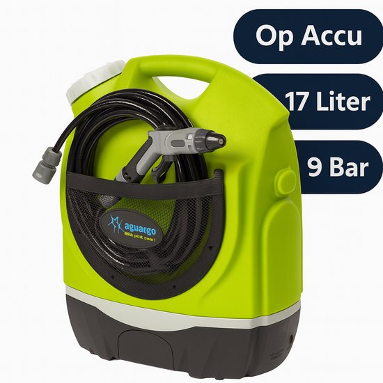 Aqua2go GD73 Mobiele Hogedrukreiniger Accu - Draadloze Hogedrukspuit 17 liter Tank 3 / 9 Bar voor onderweg - Terrasreiniger - Op Mountainbike MTB Fiets Auto Camping Caravan