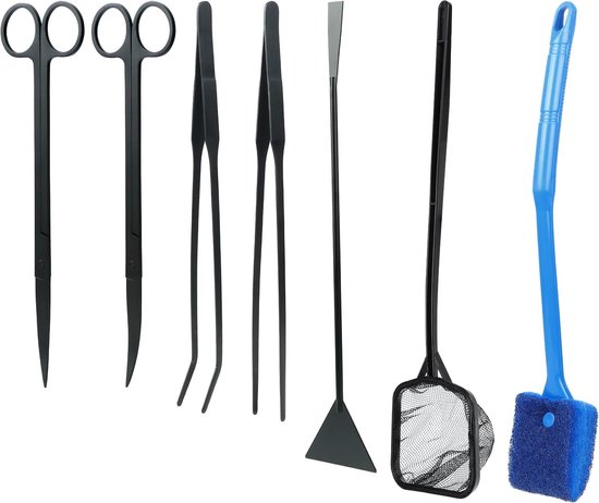 Aquatic Plant Aquascaping Tools Kit, roestvrijstalen schaarpincet, spatel, aquarium-reinigingsgereedschap, aquarium-starterkits met visnet en aquarium-algenschraper van Merkloos	