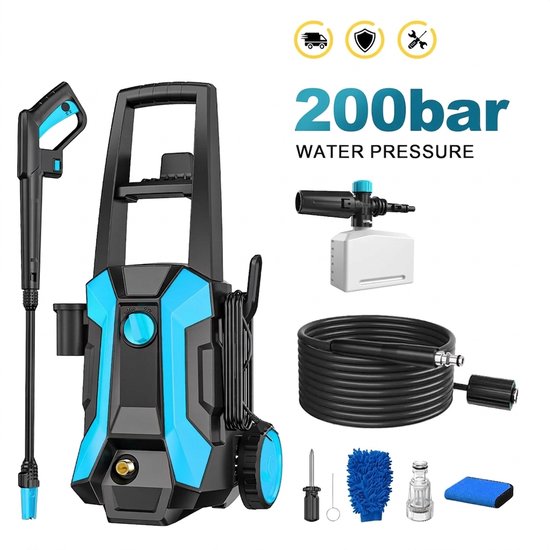 Archi 200Bar Elektrische Hogedrukreiniger – Hogedrukspuit - Autowaspistool Met 180° Verstelbare Spuitmond – 8 Meter Slang - Blauw