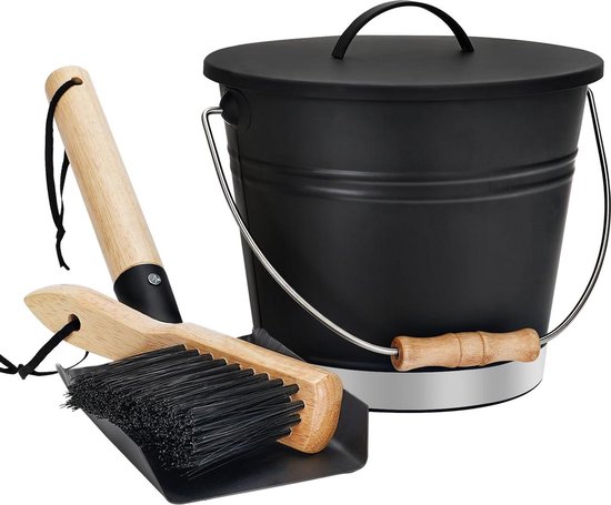 Asemmer met deksel - schop en handbezem - gegalvaniseerde stalen metalen houtskoolcontainer - kolenemmer met handvat - gereedschapsset accessoires voor open haard - binnen en buiten vuurplaats van Ribelli