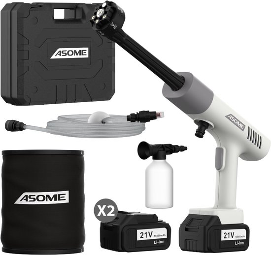 ASOME X021 Hogedrukreiniger - Hogedrukreiniger Accu - Hogedrukreiniger Auto - Draadloze Hogedrukreiniger - Terrasreiniger - Hogedrukspuit - 2x 15000 mAh Accu - 80 minuten gebruik van Merkloos	