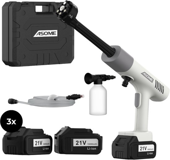 ASOME X021 Hogedrukreiniger - Hogedrukreiniger Accu - Hogedrukreiniger Auto - Draadloze Hogedrukreiniger - Terrasreiniger - Hogedrukspuit - 3x 15000 mAh Accu - 120 minuten gebruik van Merkloos	