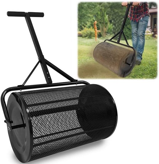 Aufun Compoststrooier van staal Turfmosstrooier, grondzeef, 80 L gaasmand Tuingazonstrooier met T-greep, voor compost, tuin, gazon, 40 x 65 x 110 cm, Zwart van Aufun