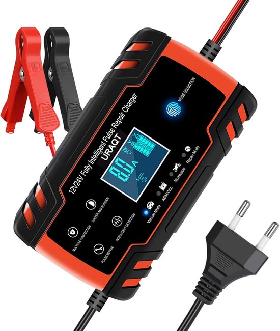 Auto-acculader 8A 12V / 24V - volautomatisch intelligente onderhoudslader - acculader met LCD-scherm voor boot, auto, motorfiets, lithium en lood-zuur 8A-Rood van Merkloos	