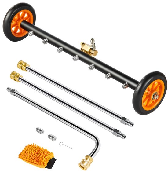 Auto onderbodemreiniger voor hogedrukreiniger - Opzetstuk 590 mm - RVS - Max. 4000 PSI - Hoekverstelling - 7 Sproeikoppen - 2 Verlengstangen van Merkloos	