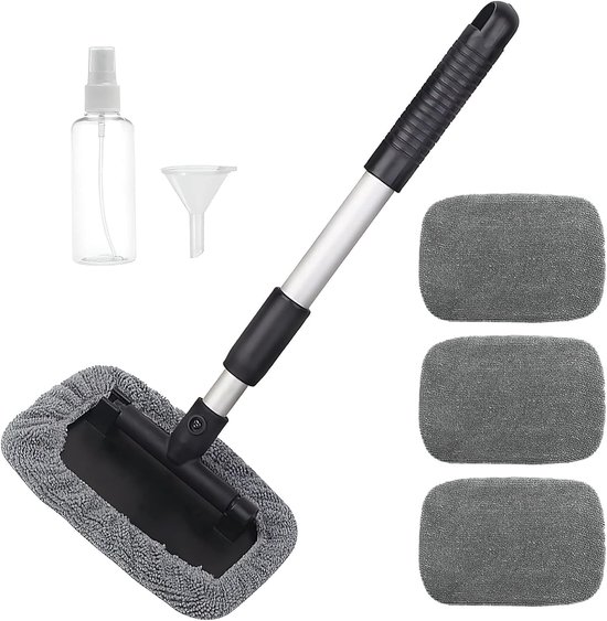 Auto Wasborstel Set - Reinigingsborstel Ramen - Auto Ramen Wassen - Verstelbare Telescoopsteel - 4 Opzetstukken - Grijs