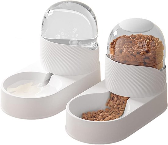 Automatische voer- en waterdispenser-kit, Transparante waterdispenser voor huisdieren, Uitneembare automatische kattenvoerdispenser, Honden drinkset, Wit