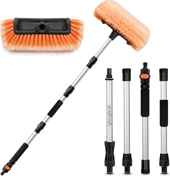 Autowasborstel Lange Steel - Schoonmaakborstel Uitschuifbaar - Voertuigen Reinigen - Met Slangaansluiting - 160 cm - Oranje