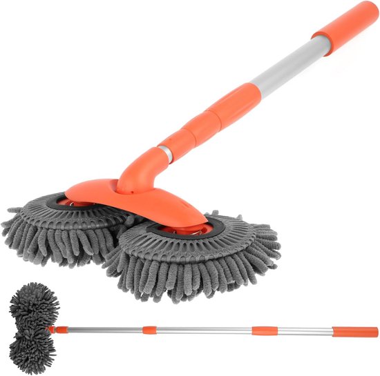 Autowasborstel met Dubbele Draaibare Kop en Telescoopsteel tot 135 cm - Microvezel Wasborstel voor Auto, Camper, Vrachtwagen