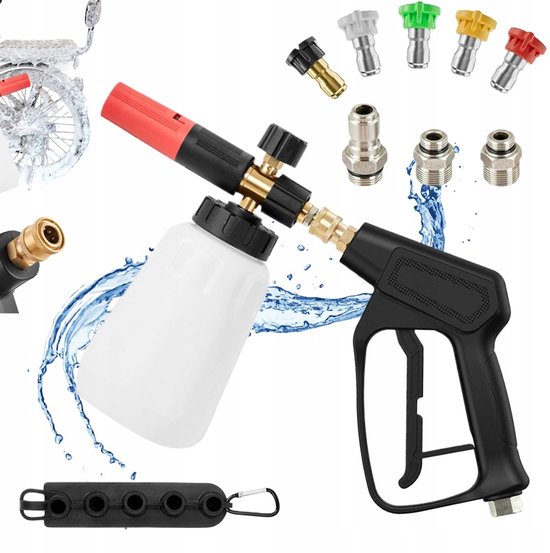 Autowaspistool - Hogedrukreiniger Pistool - 4000PSI - Schuimspuit & Waterpistool - Instelbare schuimstraal - Wit - 1L - 5 Sproeiers & Universele Adapters van Merkloos	