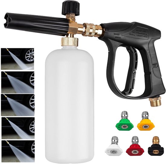 Autowaspistool - Met 5 snelkoppelsproeiers en Opschuimkan - Tuinslang Pistool - Spuitpistool - Hoge Druk Tuinspuit - Waterpistool - Tuinsproeier - Waterspuit - Met Verstelbare Straal - Met Drukknop - Voor Buiten, Huis, Garage, Terras, Tuin