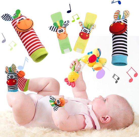 Baby Rattle Socks - Wrist Strap Rattles - 4pcs Wrist Rattles voor Baby's & Firecracker Set - Zachte Dierlijke Baby Rammelaars Speelgoed voor 0-6 Maanden Baby Jongens Meisjes van Merkloos	