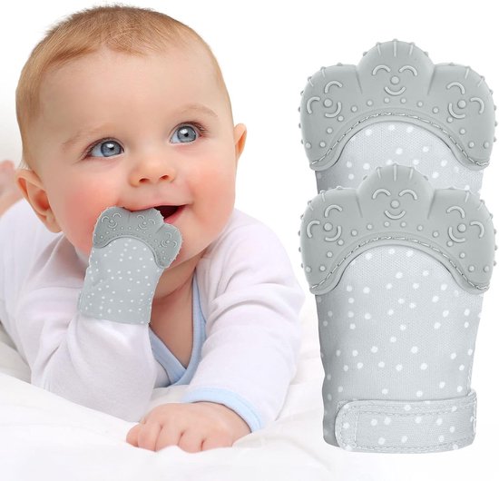 Baby Teether Gloves - 2 Pack Gloves Teether Toy - BPA Free - Soothes Sore Gums - Stimulates Teething Gloves voor 0-6 Months Baby - Grijs Met Vlekken van Merkloos	