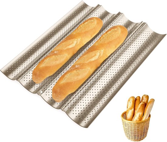 Baguette Baking Pan - Baguette Plate - Non-Stick Baking Tray voor 4 Baguettes - Bakaccessoires - Carbon Steel Gold van Merkloos	