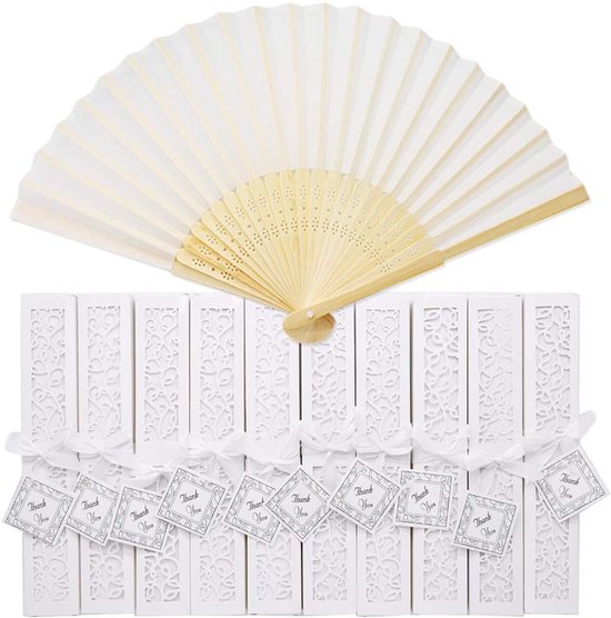 Bamboe vouwventilatoren witte handventilator voor bruiloften en feesten (10 stuks, in doos) - gastgeschenken van Merkloos	