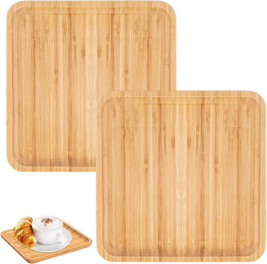 Bamboo Serving Tray - 2 Stuks - Houten Dienblad - Vierkante Bamboo Serving Plate - Decoratieve Tray voor Coasters - Succulenten - Thee - Koffie - Cake - 18 cm x 18 cm x 2 cm van Merkloos	