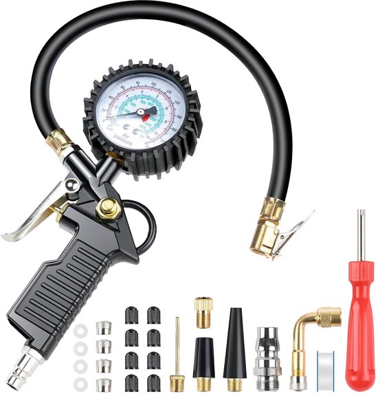 Bandenspanningsmeter - 220 PSI bandenpomp - rubberen slang - ventielgereedschap - compressoraccessoires - conversiemondstuk - adapter - geschikt voor compressor auto motorfiets fiets vrachtwagen van Merkloos	
