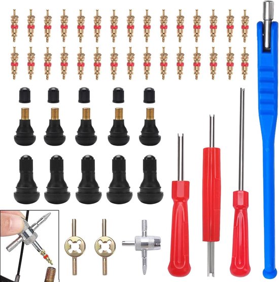 Bandenventielverwijderaar - Tyre Valve Core Tool Set - Autoventieladapter - Dubbele & Enkele Kop Ventielverwijderaar - Voor Auto, Motorfiets - Met TR412 Snap-in Rubberen Bandventielen - 47 Stuks van Merkloos	