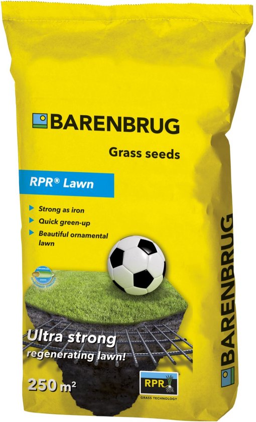Barenbrug Bar Power RPR Yellow Jacket (Speel & Sport) – hersteld erg snel – kan gebruikt worden voor in- en doorzaai – gaat onkruid tegen – ziekte resistent – creëert een dichte grasmat – bevat 3 soorten gras – geen kale plekken in het gazon van Barenbrug
