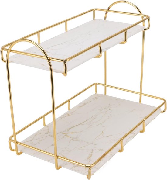 Bathroom Storage Rack, Gold White 2 Tier Makeup Shelf Humanized Structure Anti Slip Counter Organizer for Sideboard, Perfume(Small) van Merkloos	