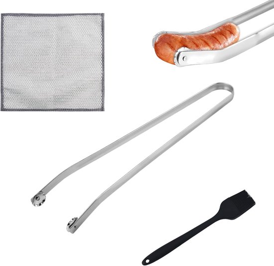 BBQ grilltang met wieltje - omkeerbare tang met siliconen borstel - draaibare BBQ Sausage Turning Tongs - 40 cm lange worsttang - grilltang roestvrij staal voor koken - grill buffet accessoires