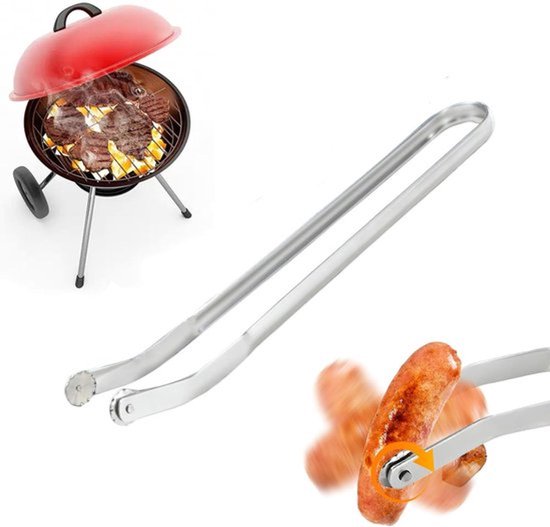 BBQ worsttang, 38 cm, grilltang met wieltjes, draaitang voor het omdraaien van BBQ-worst om te koken