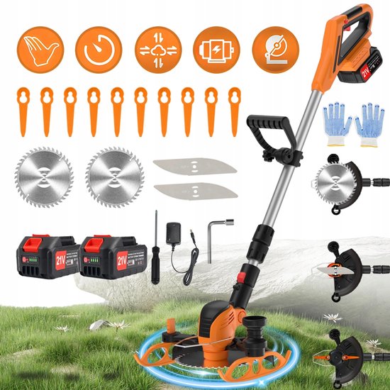 Bedee 21V elektrische grasmaaier - Hoek-/lengteverstelbaar - Veiligheidsvergrendeling - Wordt geleverd met 3 messen, kantensnijder, bosmaaier - Wordt geleverd met installatiegereedschap en handschoenen van Bedee