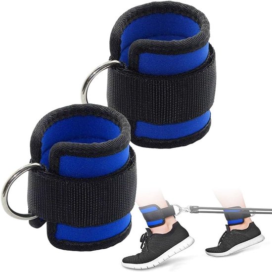 Beenboeien, kabeltrek, D-ringen, voetboeien, voetlussen, gewatteerde voetlussen voor fitness, voetlussen voor kickbacks, enkelbanden, sportschoolaccessoires voor beenstrekker, blauw, pak van 2 van Merkloos	