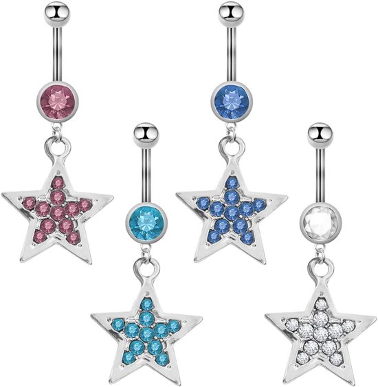 Belly Button Piercing - 4 Pieces - Silver Surgical Steel - Pentagram voor Mannen en Vrouwen van Merkloos	