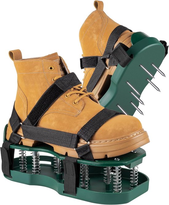 Beluchtingsschoenen voor gazon - dubbele veerbasis - met spikes voor gazonbeluchting in tuin en erf - groen