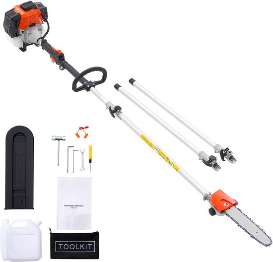 Benzine-Aangedreven Snoeischaar met Lange Steel, 43cc 2-Taktmotor, Telescopische Zaag met Verstelbare Lengte van 2,08–3,58 m, Zaagblad van 25,4 cm, Brandstoftank van 850 ml, Geschikt voor Het Efficiënt Snoeien van Hoge Takken