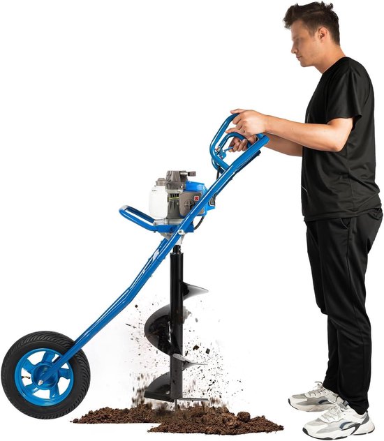 Benzine Grondboor - Grondboormachine Tuin - Gaten Boren - Met Handwagen - 63 cc - Blauw