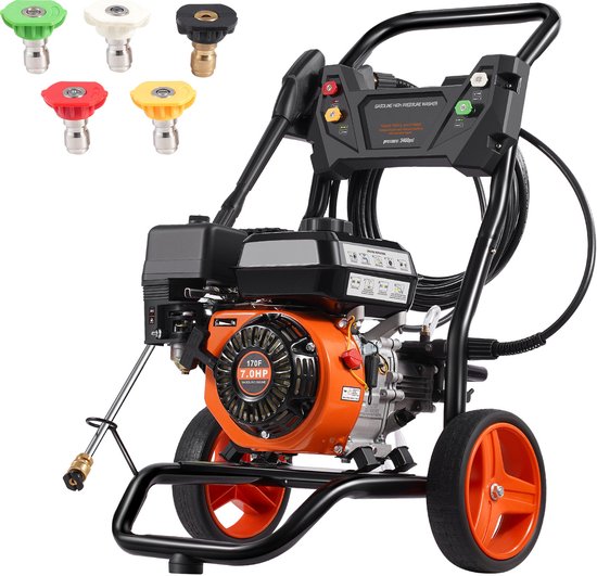 Benzine Hogedrukreiniger, 3400PSI, 2,6 Gpm, 10 L/Min, met 5-Delige Sproeierset, De Benzine Hogedrukreiniger Levert 3400 PSI En Een Debiet van 10 L/Min van Merkloos	
