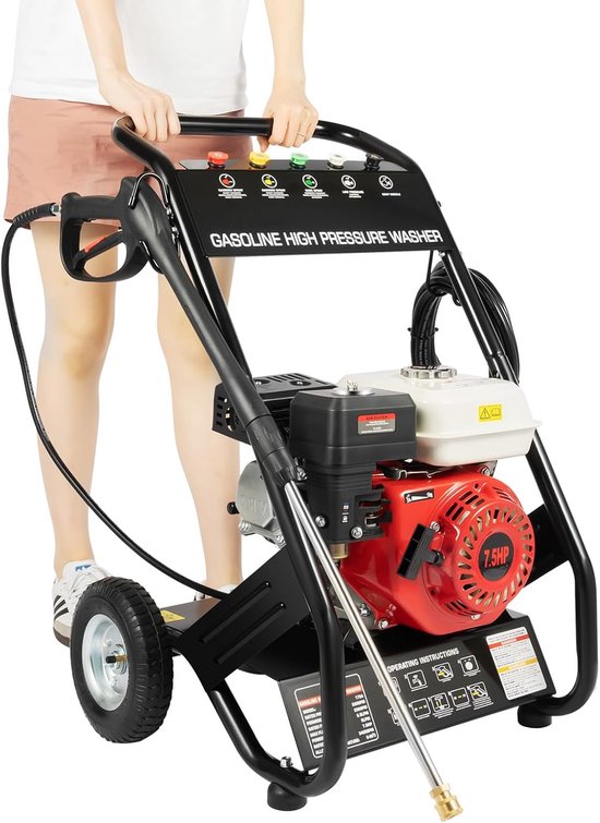 Benzine Hogedrukreiniger - Krachtige Reiniger - Terras en Auto - 75 pk Motor - 2200 PSI - Zwart Rood